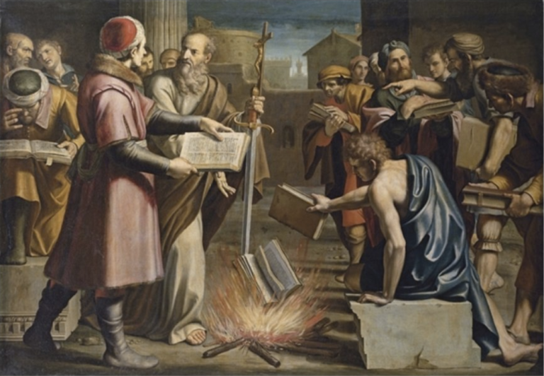 Palenie ksiąg namalowane przez Lucio Massari na podstawie Dziejów Apostolskich